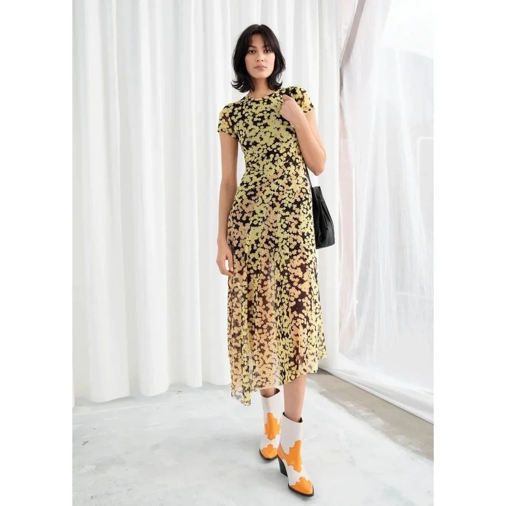 & Other Stories Yellow Floral Mesh Asymmetrical Midi Dress Size US 10